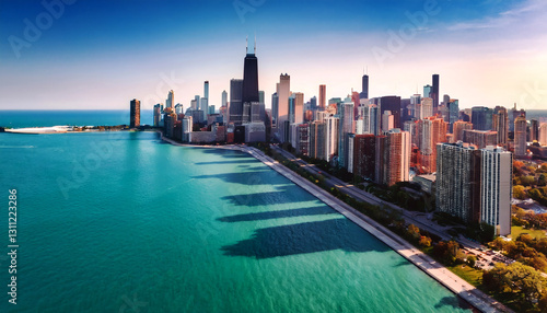 Wallpaper Mural City Skyline by the Lake: A vibrant panorama of the city skyline stretches along a tranquil lake, reflecting the clear, sunny day and the towering structures of a bustling metropolitan center. Torontodigital.ca