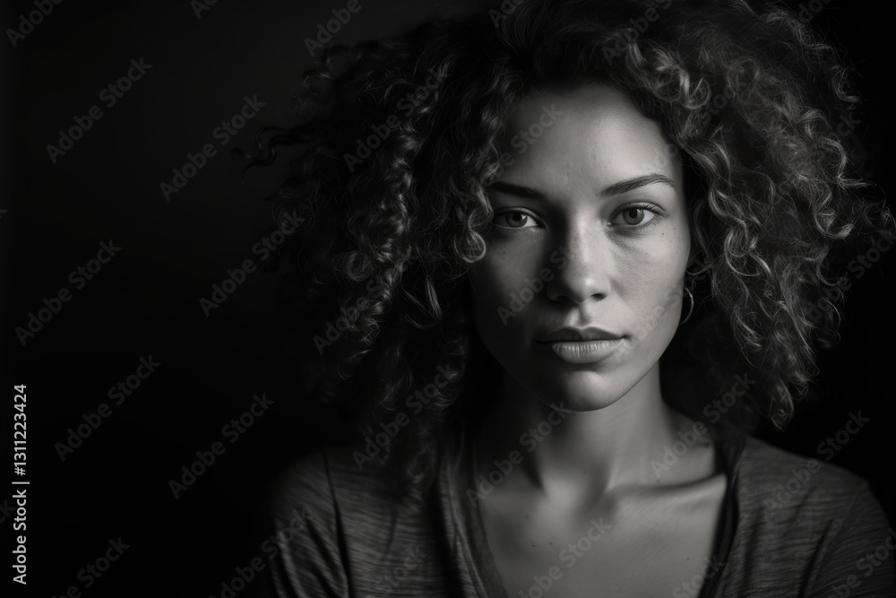Introspective moment showcases a woman with striking curly hair, illuminated in dim light, revealing deep emotions and a profound story within her gaze Introspective moment showcases a woman with striking curly hair, illuminated in dim light, revealing deep emotions and a profound story within her gaze