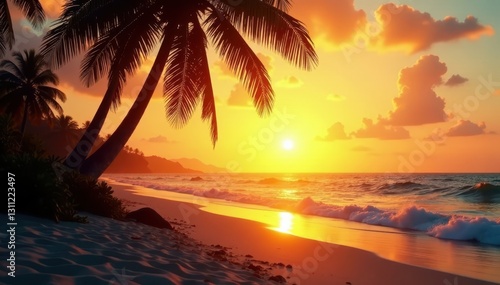 Golden hour beach scene, palm silhouettes, film scratches, sand, vintage filter