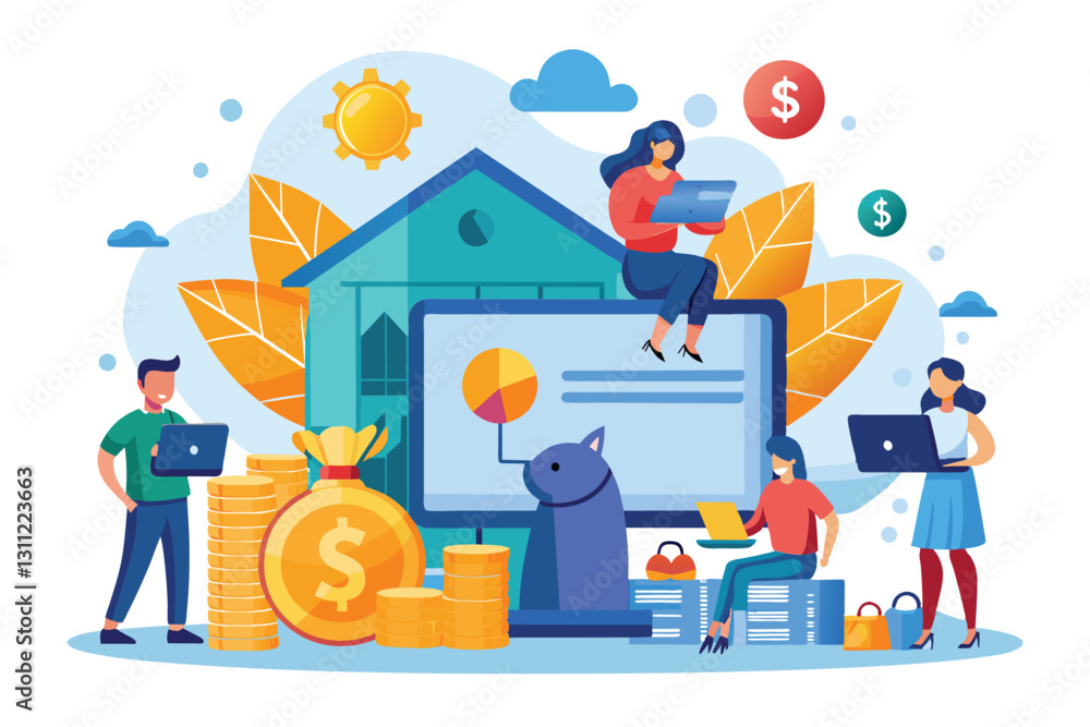 Individuals are utilizing laptops to manage online banking and investment while saving money at home, People save money in online banking, investment Individuals are utilizing laptops to manage online banking and investment while saving money at home, People save money in online banking, investment