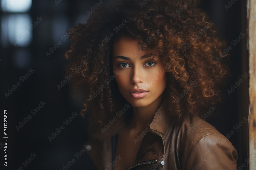 Fototapeta premium Soft light envelops a striking woman with voluminous curls, standing against an aged wooden backdrop. Her expressive gaze evokes a sense of intrigue and warmth in a serene atmosphere