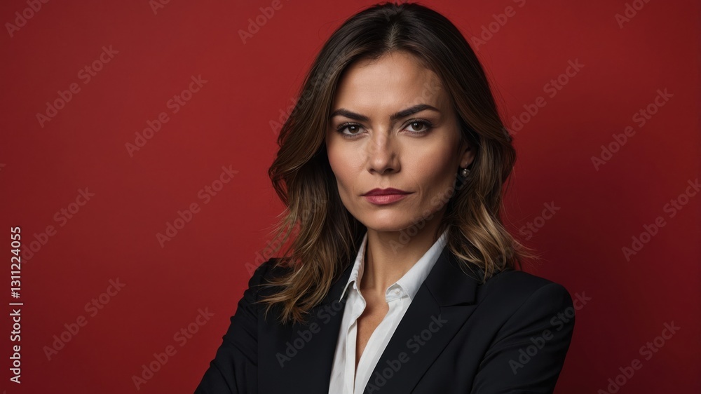 Confident woman with suit posing with a red background. She is the definition of power and confidence. Confident woman with suit posing with a red background. She is the definition of power and confidence.
