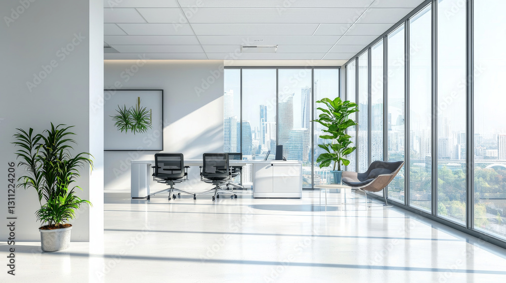 Fototapeta premium Modern office interior with large windows, plants, and city view