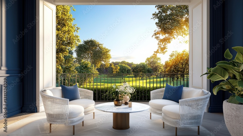 Obraz premium Luxurious neoclassical terrace, deep blue walls, white woven armchairs, marble coffee table, golden sunset over park