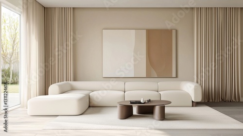 Minimalist living room, soft beige walls, sleek cream modular sofa, hidden LED lighting, sculptural coffee table, heavy fabric curtains