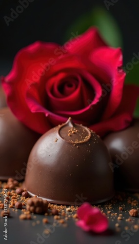 Close-up of rich dark chocolates and a vibrant red rose bud , color, dark chocolate