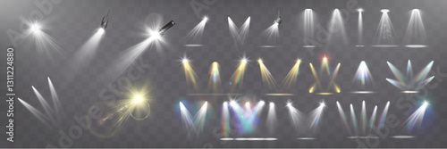 Realistic white and colorful spotlights with beams, reflections, and stage lighting effects on transparent background	