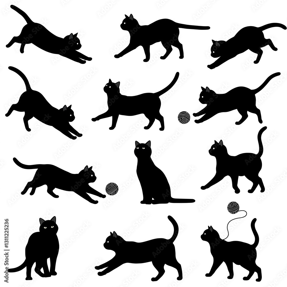Obraz premium Feline Silhouettes: A collection of playful cat silhouettes in various poses, perfect for design projects, illustrations, or adding a touch of whimsy to your creations.