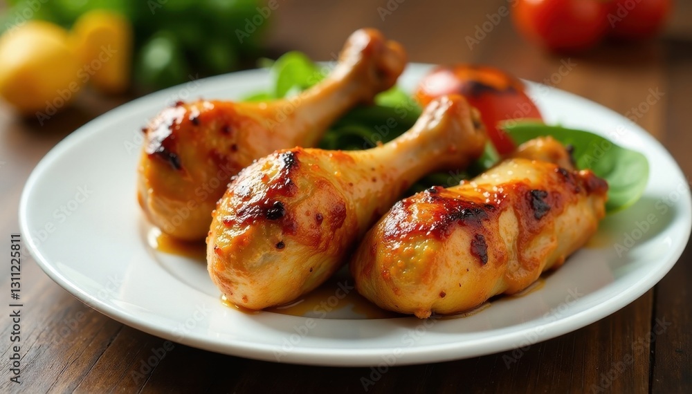 Perfectly grilled chicken legs arranged on a simple white plate, closeup, image, dinner Perfectly grilled chicken legs arranged on a simple white plate, closeup, image, dinner