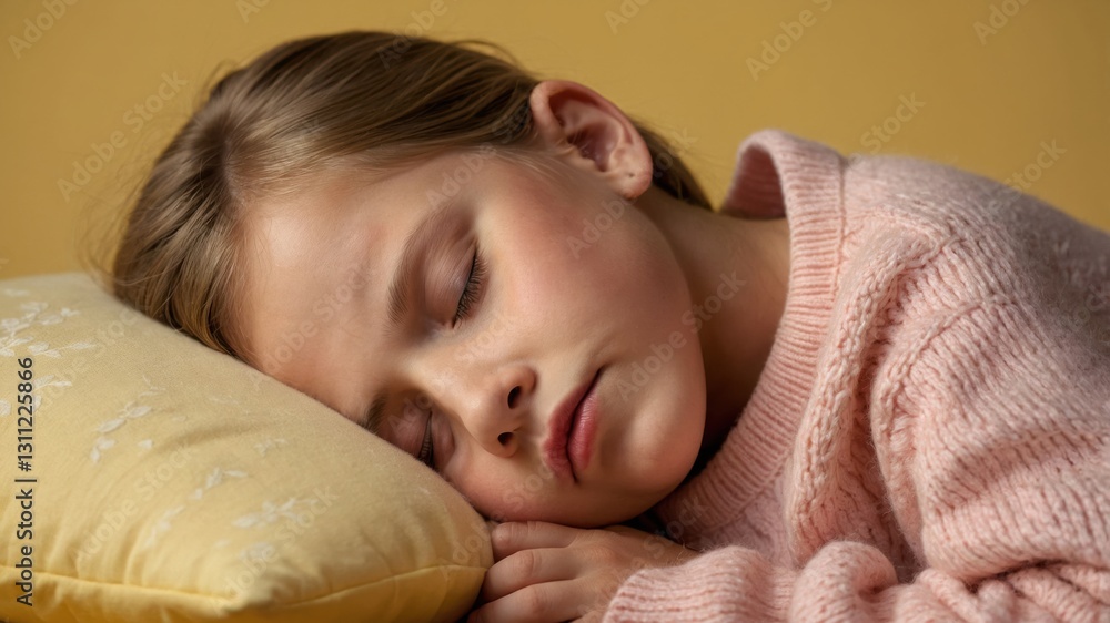 Sleeping child resting peacefully on a pillow, wearing a cozy sweater, enjoying a moment of quiet repose. Sleeping child resting peacefully on a pillow, wearing a cozy sweater, enjoying a moment of quiet repose.
