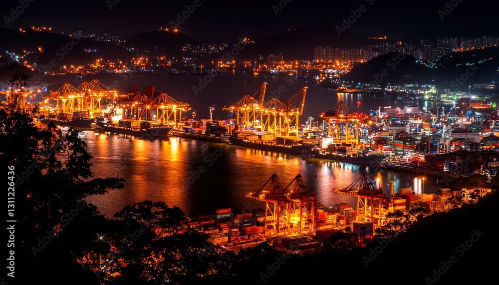 Illuminated Port City at Night with Cargo Ships and Cranes Illuminated Port City at Night with Cargo Ships and Cranes