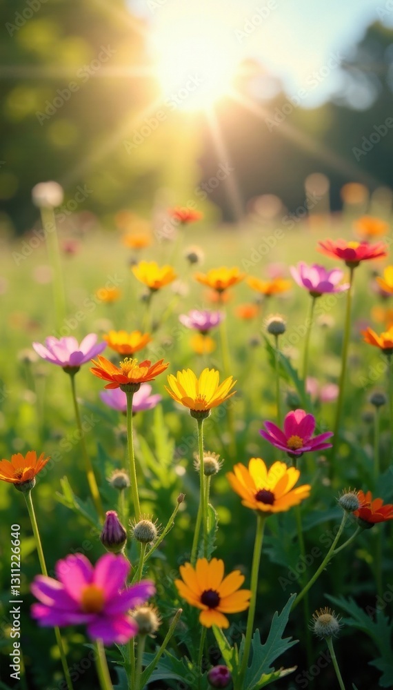 Sunlit field of diverse wildflowers, Massachusetts, yellow, golden hour Sunlit field of diverse wildflowers, Massachusetts, yellow, golden hour