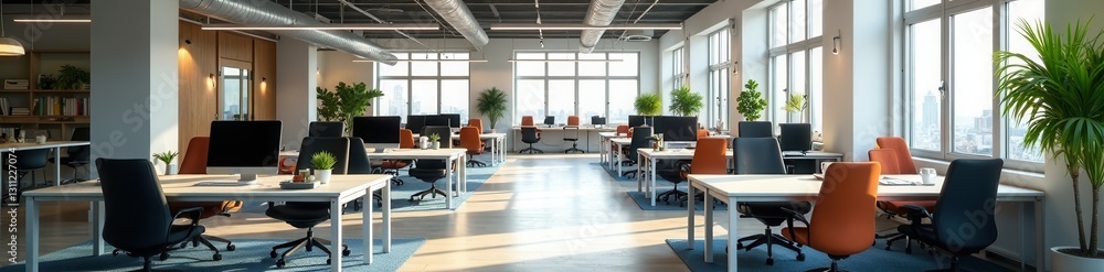 Bright, open-plan office with shared workspaces, contemporary, equipment Bright, open-plan office with shared workspaces, contemporary, equipment