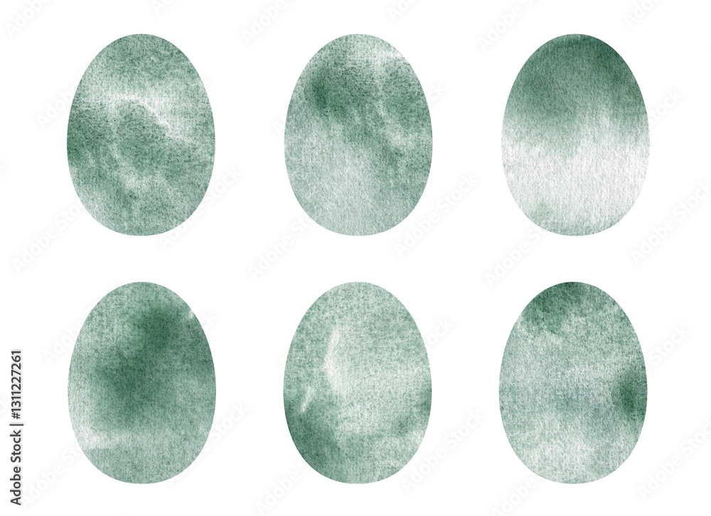 Easter egg set with watercolor green background in grunge style, collection of illustrations. Drawings in the form of spots of paint, a picturesque gradient. Egg shapes with a watercolor background. Easter egg set with watercolor green background in grunge style, collection of illustrations. Drawings in the form of spots of paint, a picturesque gradient. Egg shapes with a watercolor background.
