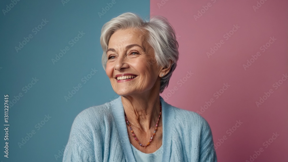 Smiling elderly woman with gray hair and a blue cardigan against a split blue and pink background. Smiling elderly woman with gray hair and a blue cardigan against a split blue and pink background.