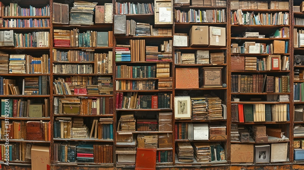 Full antique library bookshelves, filled with old books, boxes, and papers. Possible use for interior design, education Full antique library bookshelves, filled with old books, boxes, and papers. Possible use for interior design, education