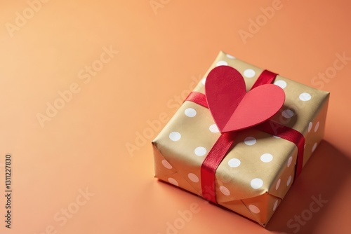 Heart decorated brown paper gift, polka dot wrapping, DIY, photography