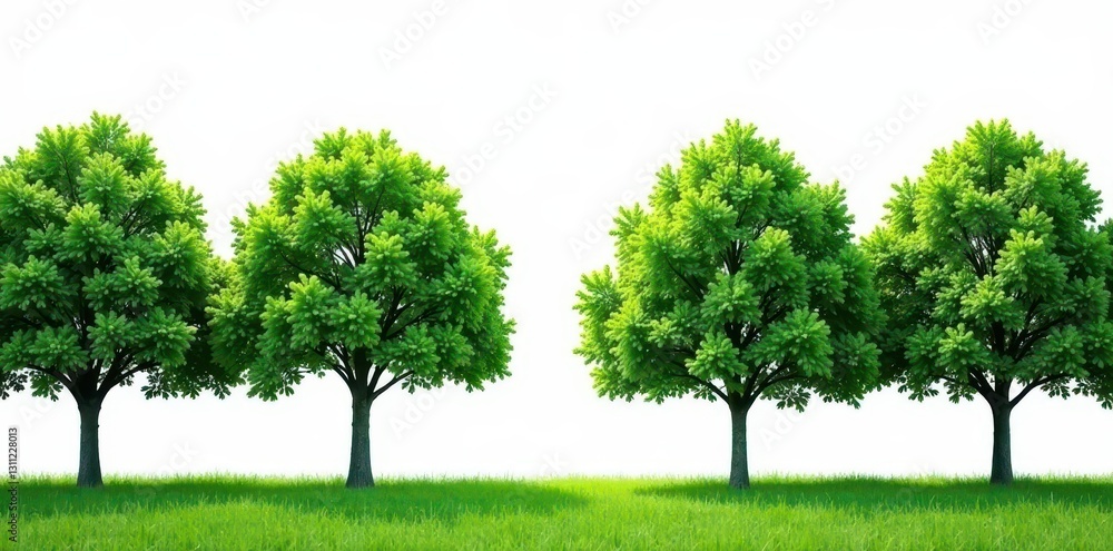 Obraz premium Lush green trees stand in a perfect row against a bright white sky , white background, summer, fresh