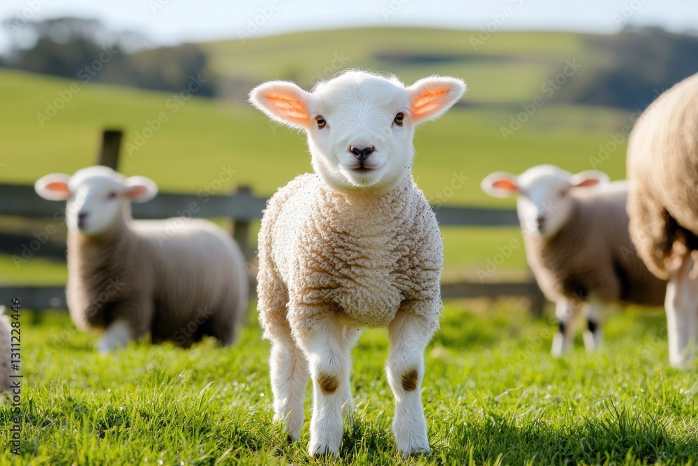 Fototapeta premium Playful lamb stands in vibrant green field, surrounded by gentle