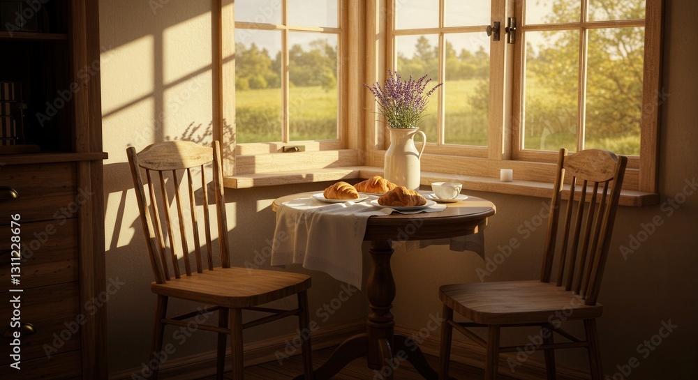 Fototapeta premium Cozy Breakfast Scene with Croissants, Lavender, and Sunny Window