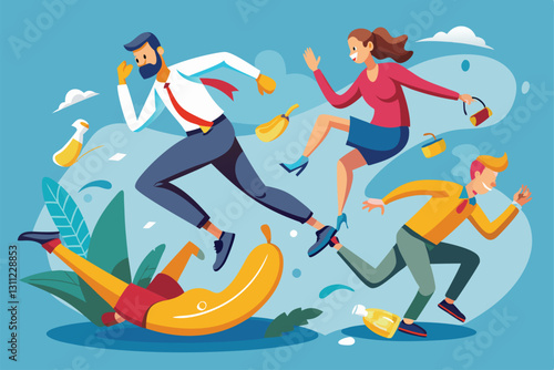 A group of people hilariously slips on a wet floor after stepping on a banana peel, creating chaos, People slip on wet floors or banana peels, stumbling and getting hurt,
