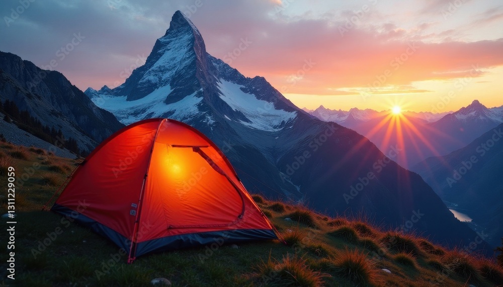 Sunset illuminates Allg?u Alps tent, Sulzspitze peak in distance , clouds, Allgau Alps Sunset illuminates Allg?u Alps tent, Sulzspitze peak in distance , clouds, Allgau Alps