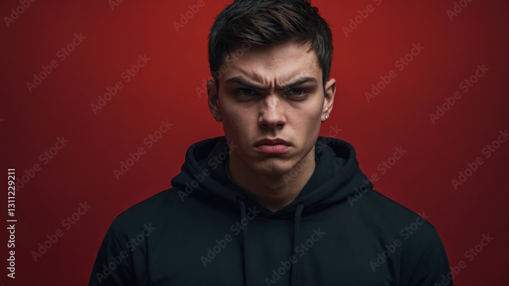Intense portrait of a young man wearing a black hoodie against a solid red backdrop with an angry look. Intense portrait of a young man wearing a black hoodie against a solid red backdrop with an angry look.