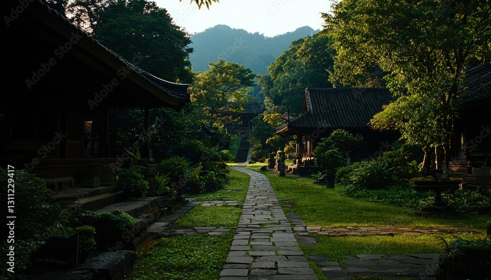 Fototapeta premium Asian Temple Pathway, Lush Gardens, Mountains