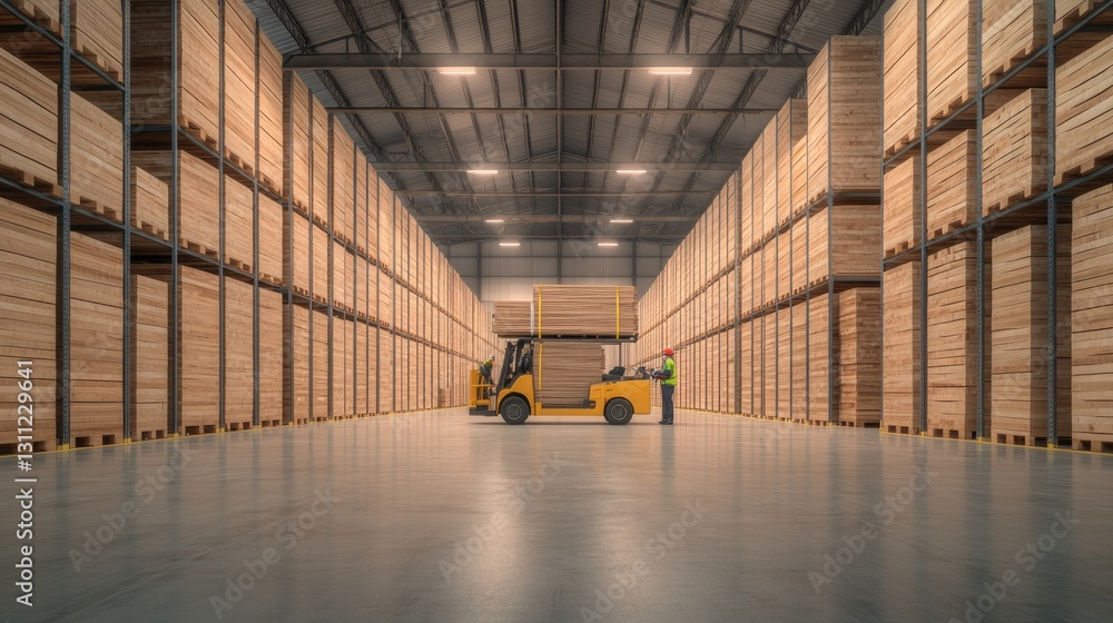 Fototapeta premium Spacious warehouse filled with neatly stacked wooden pallets, sh