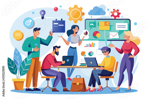 A group collaborates on a business project, discussing ideas and analyzing data in a contemporary workspace, People starting a business project concept