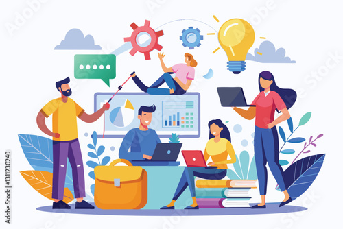 A diverse group of people engages in creative project development in a bright, modern office, People starting new project development