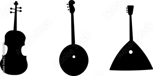 Flat musical instruments icons set: silhouette vector of stringed instruments.
