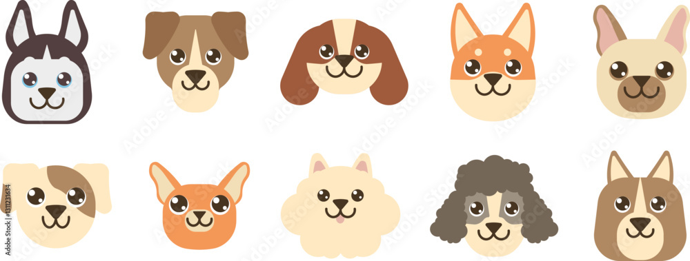Flat vector dog faces icons set featuring various breeds in a cute style. Flat vector dog faces icons set featuring various breeds in a cute style.