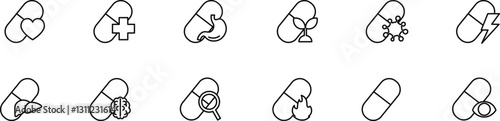 Flat linear icons set of medical pills with health symbols in vector format.