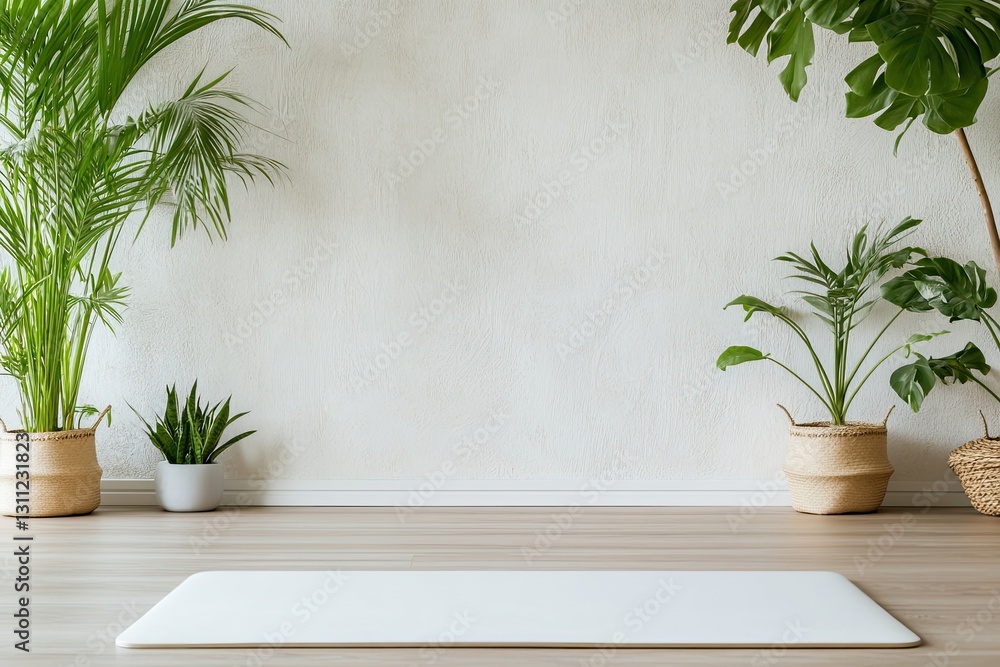Fototapeta premium Minimalist space features yoga mat surrounded by lush greenery a