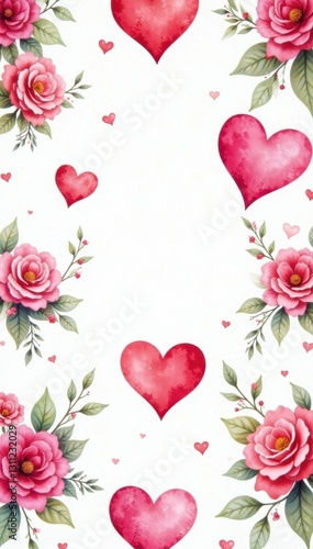 Watercolor hearts,bows,flowers,cherubs repeating pattern, holiday, hearts