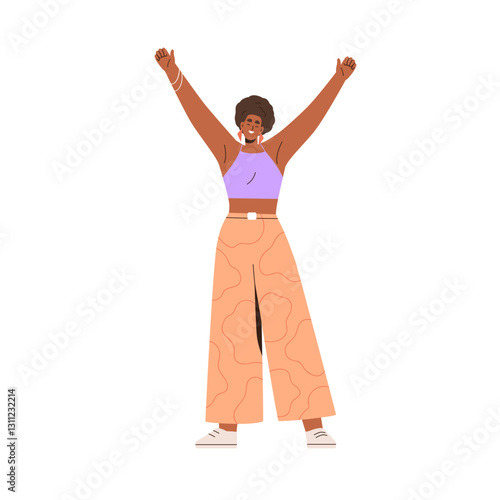 Happy black woman with arms raised. Young African-American female with hands up, smiling, enjoying, carefree joyful expression, triumph pose. Flat vector illustration isolated on white background