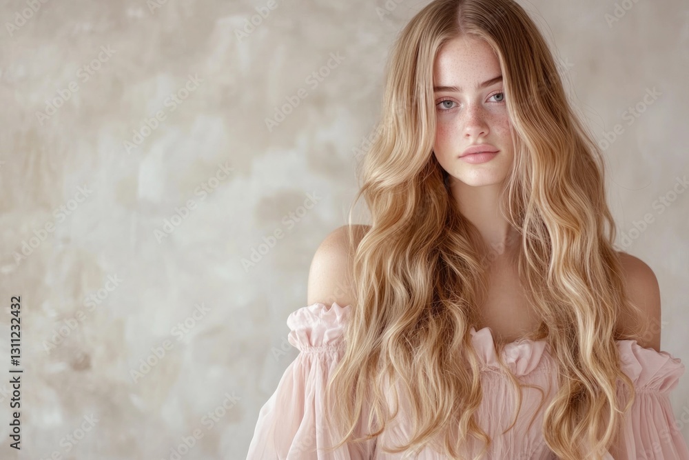 Soft, flowing hair frames serene expression against textured bac Soft, flowing hair frames serene expression against textured bac