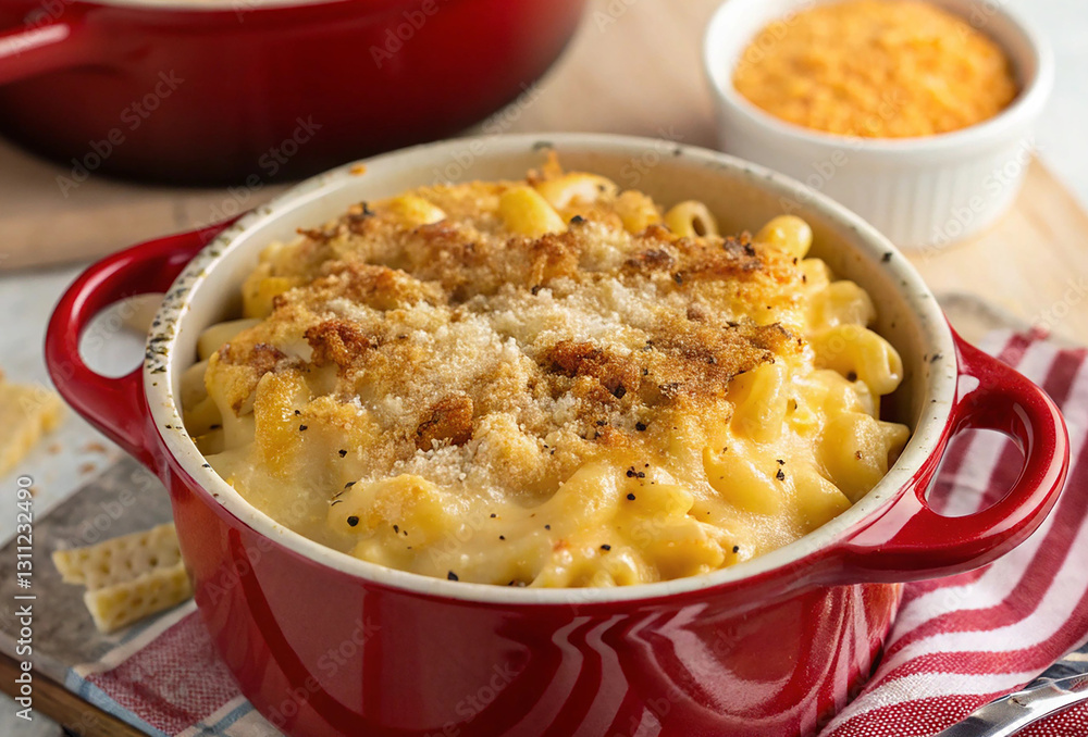 Mac and cheese in red pot, top view. Traditional American food. Mac and cheese in red pot, top view. Traditional American food.