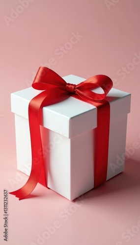 Elegant white gift box, tied with a vibrant red ribbon , giftwrap, retail