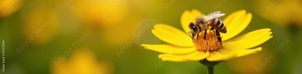 Honeybee foraging on sunny yellow bloom in garden setting , bee, fauna Honeybee foraging on sunny yellow bloom in garden setting , bee, fauna