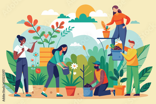 A group of individuals joyfully tending to plants, planting flowers, and enjoying nature together, People taking care of plants Customizable Disproportionate Illustration