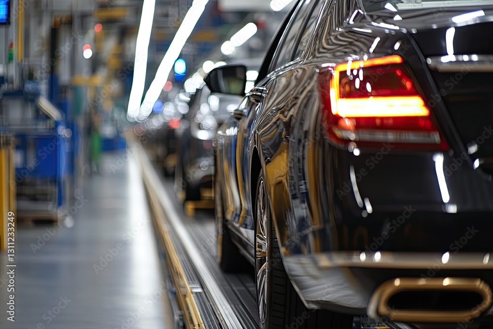 Fototapeta premium Modern assembly line showcasing sleek black cars in production,