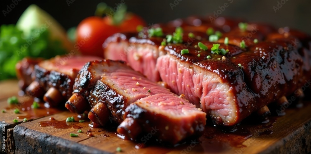 Perfectly smoked & sliced beef ribs, tangy BBQ glaze, barbecue, juicy Perfectly smoked & sliced beef ribs, tangy BBQ glaze, barbecue, juicy