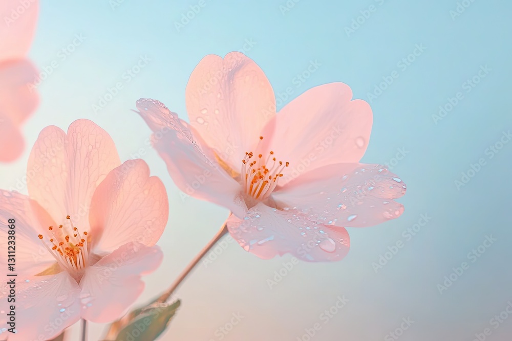 Obraz premium Delicate pink blossoms against soft blue backdrop create serene