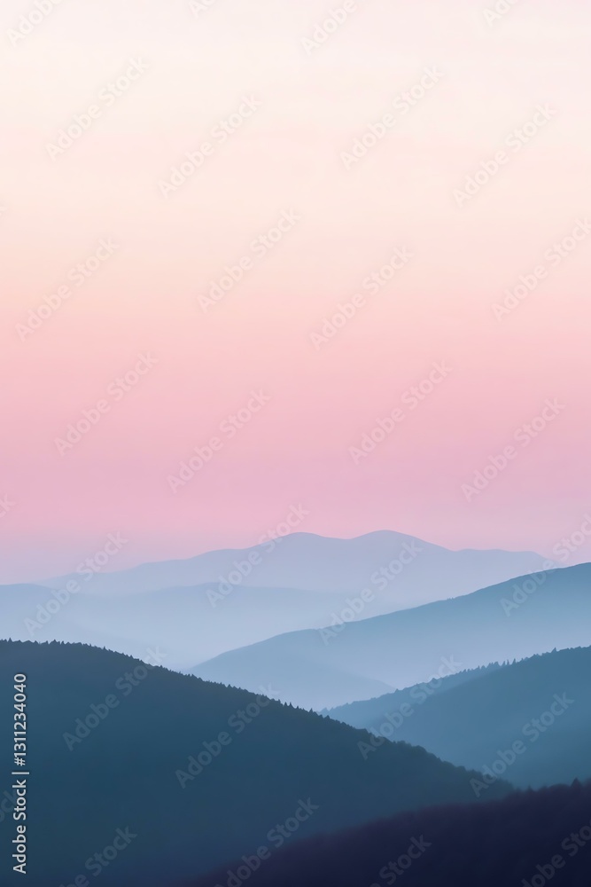 Serene mountain landscape at dawn with soft pastel colors in the sky. Serene mountain landscape at dawn with soft pastel colors in the sky.