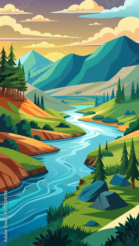 River landscape with rolling hills and a clear sky at sunset