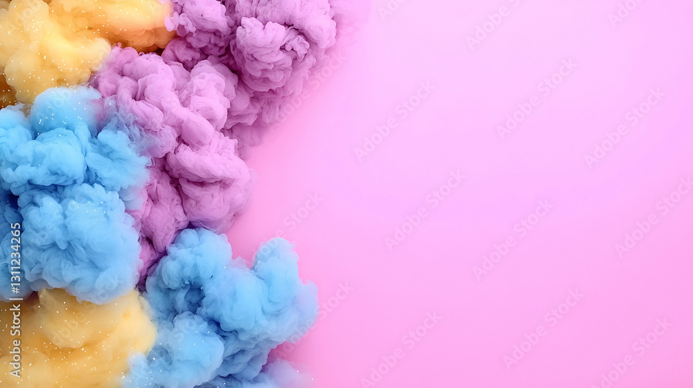 Fototapeta premium Colorful Smoke Clouds in Soft Pastel Shades on a Pink Background for Creative Background Use