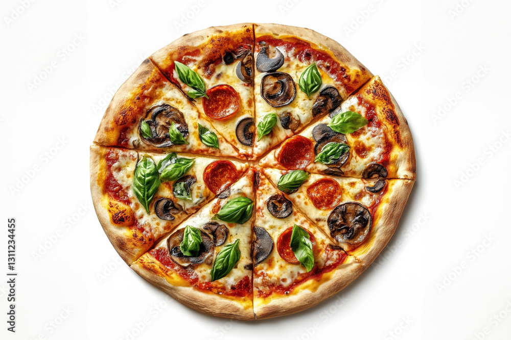 A tantalizing pizza topped with pepperoni, mushrooms, and fresh basil creates a mouthwatering dish that's perfect for any meal or gathering. A tantalizing pizza topped with pepperoni, mushrooms, and fresh basil creates a mouthwatering dish that's perfect for any meal or gathering.