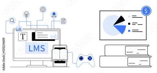 Computer screen with LMS interface, open book, and mobile device connected to tools, analytics, books, gaming elements. Ideal for education, e-learning, training analytics technology knowledge